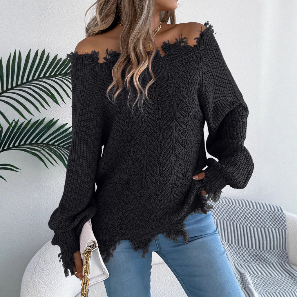 Hollow-out design cut off-the-shoulder long sleeve pullover sweater in acrylic fibre.