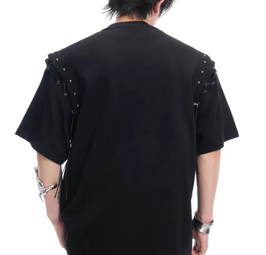 Women's black short sleeve T-shirt with a lace-up cutout detail on the front.