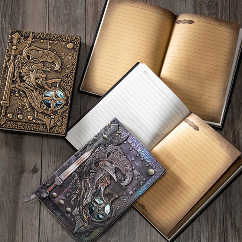 A5 leather notebook with embossed 3D warriors relief design on the cover