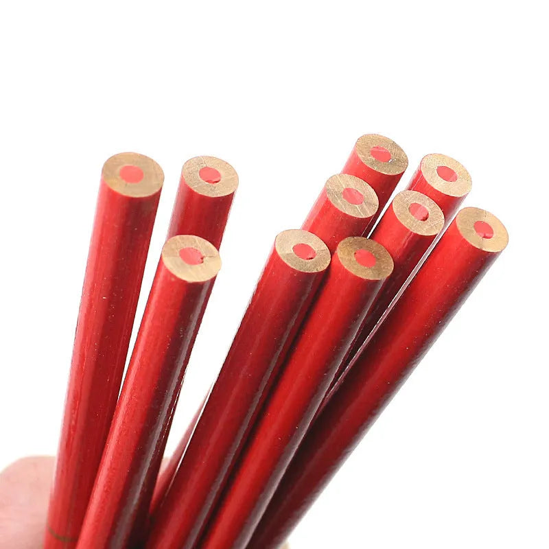 Ten red and blue two-colour carpenter's pencils with round wooden construction