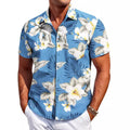 Men's slim fit Hawaiian short sleeve shirt in elastic polyester fabric showing colour options and cardigan style