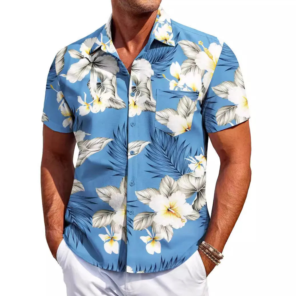 Men's slim fit Hawaiian short sleeve shirt in elastic polyester fabric showing colour options and cardigan style