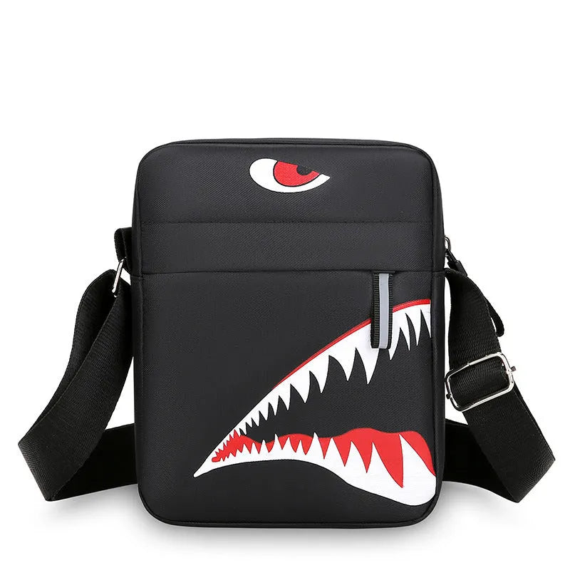 Men's small black crossbody bag with animal print pattern and multiple compartments