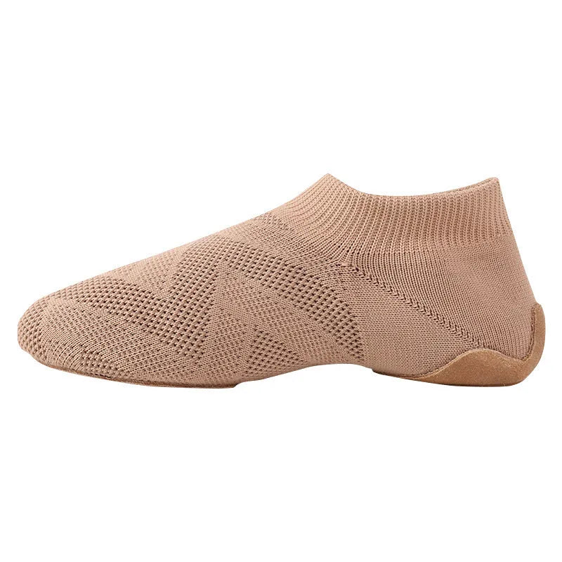 Camel coloured Latin dance shoes with cotton mesh upper and solid colour design.