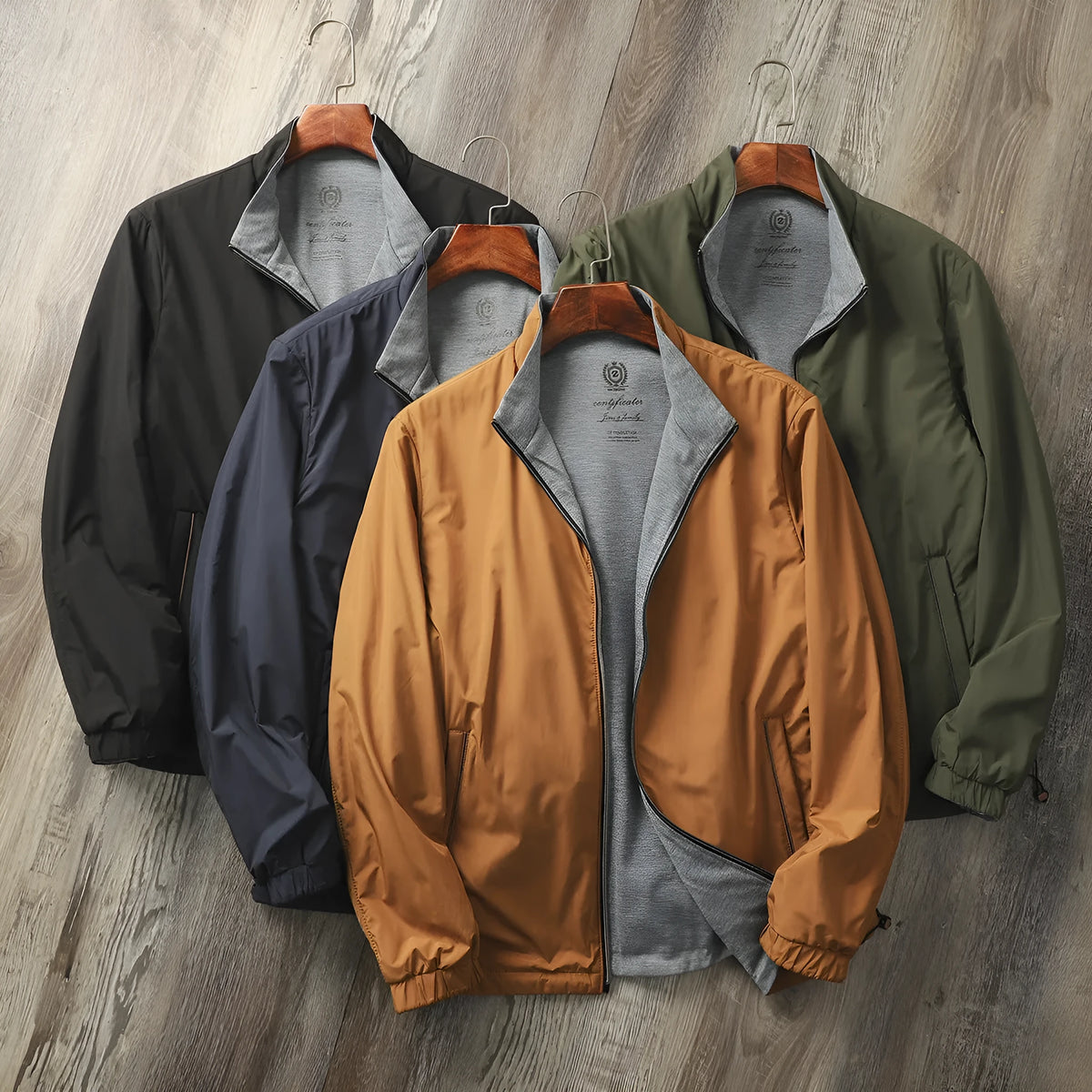Men's stand collar business casual jacket in polyester with cotton lining available in four colours