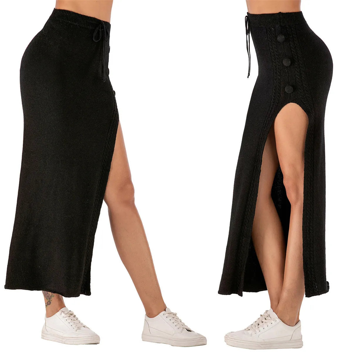 Women's slim-fit woolen skirt in midi length with side split design shown in black colour