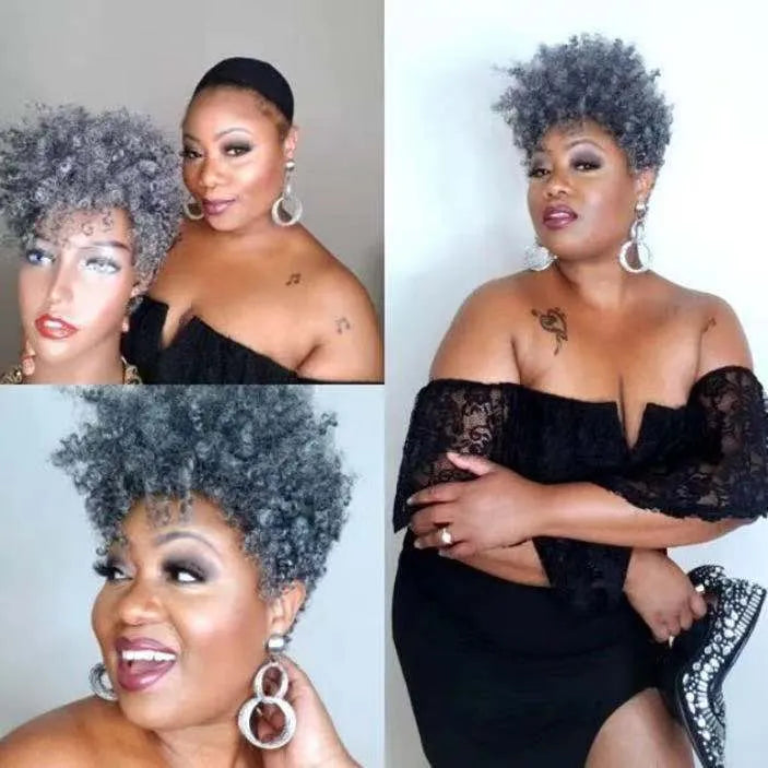 Women's short rolls style synthetic wig in Kanekalon, shown in black, brown, gold, and grey colour options.