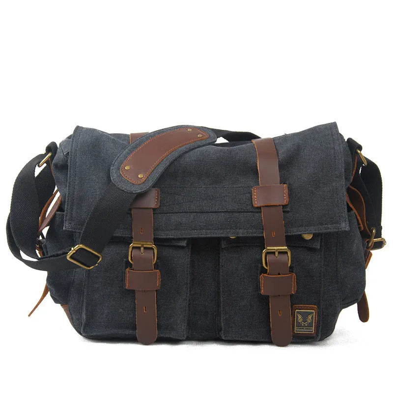 Men's canvas crossbody bag with postman flap in army green colour showing internal compartments