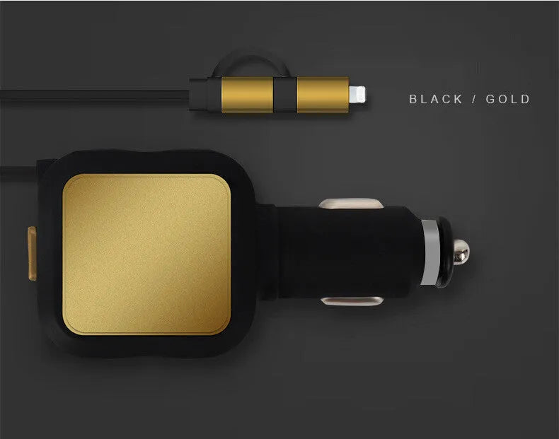 Black and gold dual USB car charger with retractable cable plugged into a car dashboard
