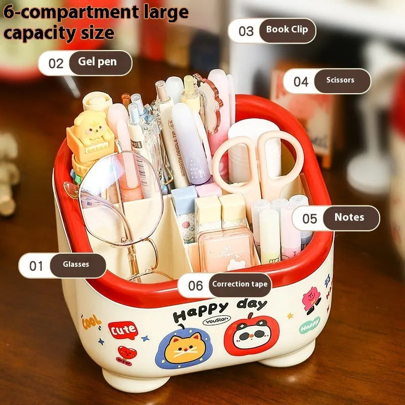 Cartoon-style red and brown plastic desktop storage organiser with grid compartments and 2L capacity.