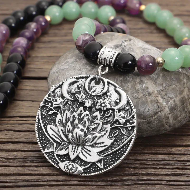 Handmade stone bead yoga necklace with geometric alloy lotus pendant and matching bracelet.