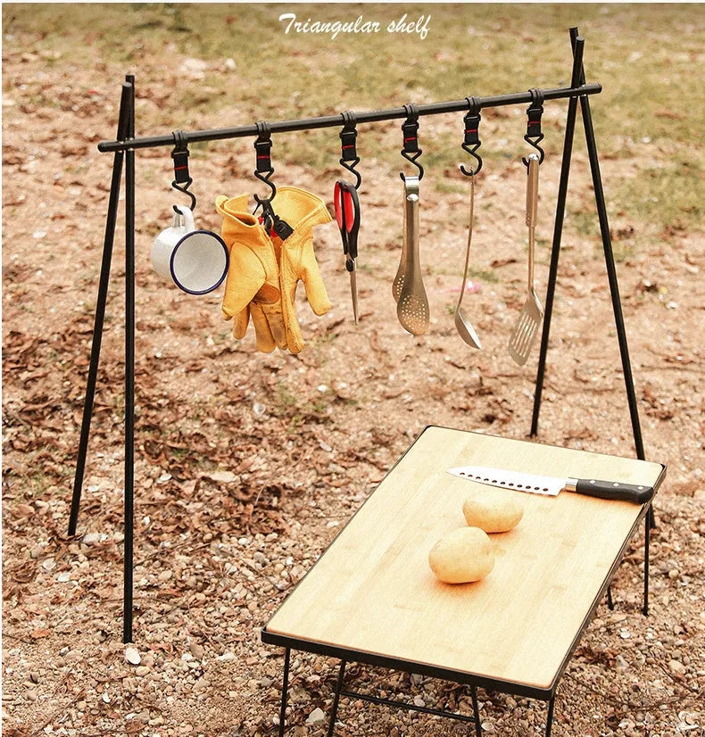 Aluminium alloy foldable triangle clothes drying rack for camping with side hooks