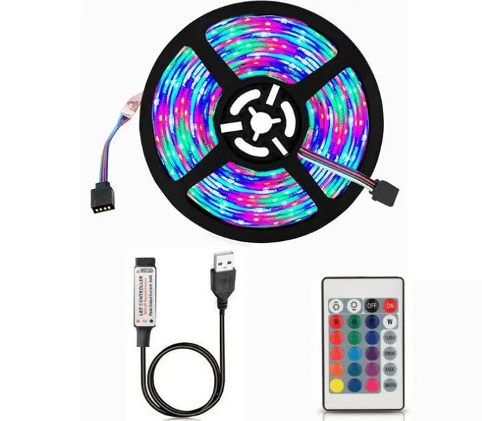 One-metre long flexible USB LED light strip showing multiple colour options including blue and white.