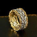 Two-tone wheat leaf ring with inlaid zircon, unisex copper band in gold and silver, sizes No 6 to No 10
