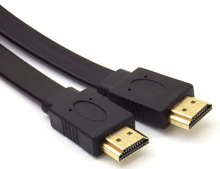 Flat black HDMI cable with male connectors shown at various lengths on a white background.