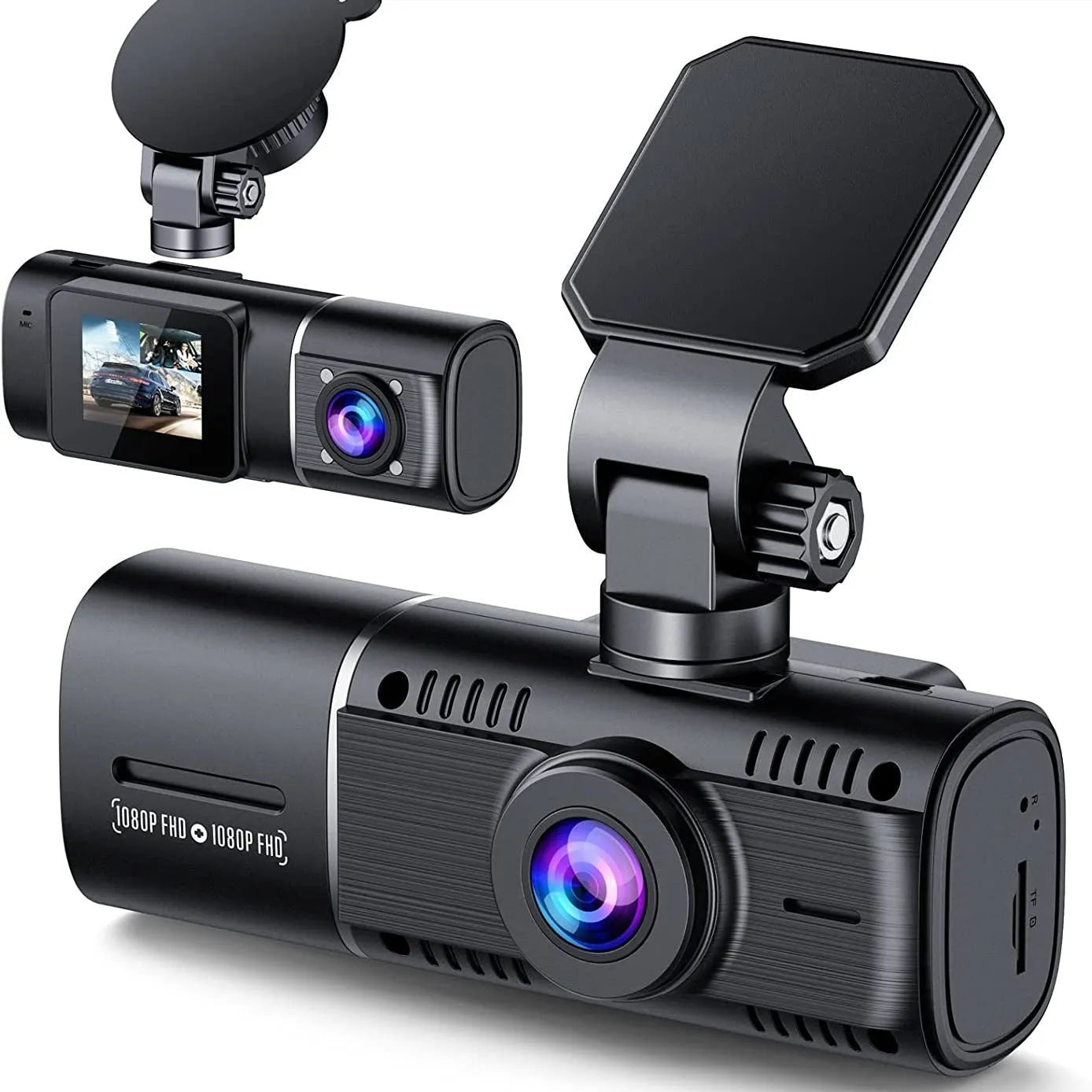 Standard black car dash cam with 1.5-inch screen, mounted on a stand, showing front camera lens