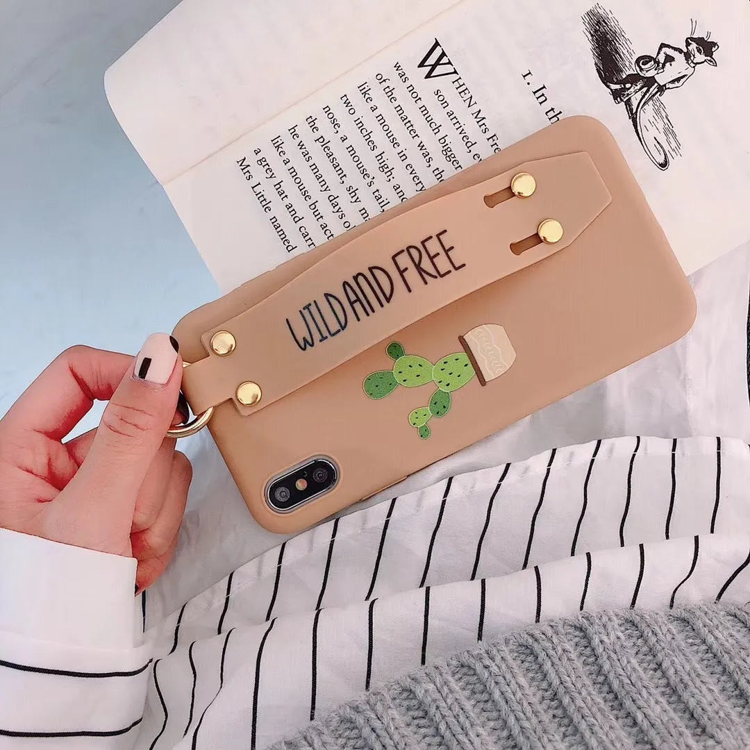 Green wristband holder phone case for iPhone showing integrated finger loop and protective back cover design