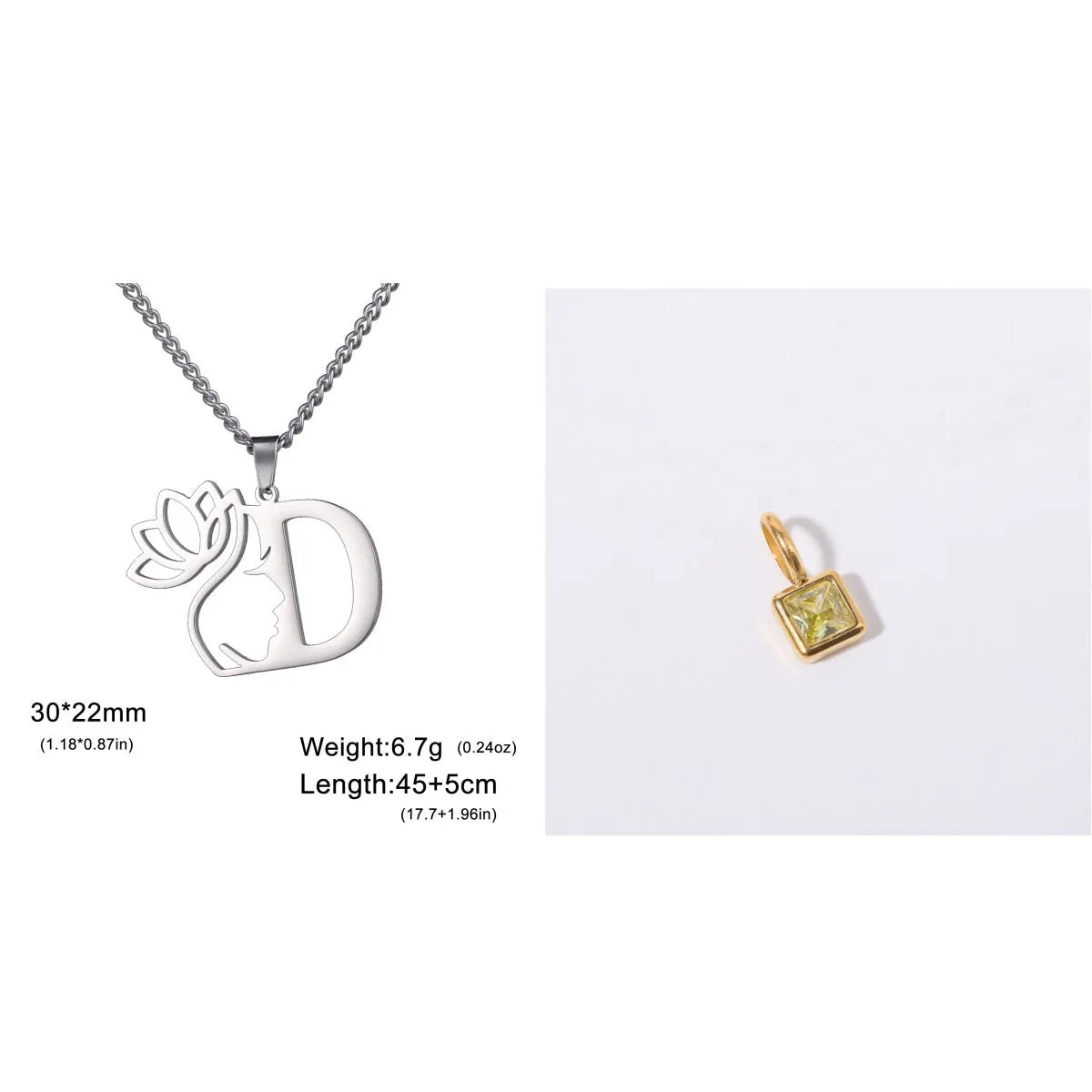 Stainless steel cross chain necklace with alphabet letter pendant in gold or silver finish