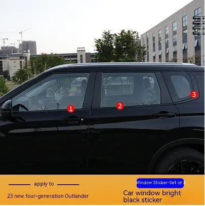 23 New Outlander car window pillar protective vinyl decals in bright black and carbon fibre pattern.