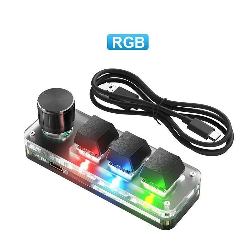 Black and white custom programmable keypad with RGB backlight and USB cable for macro shortcuts