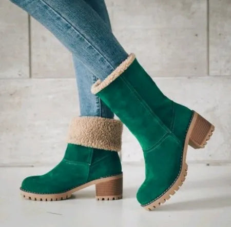 Women's mid-calf suede platform boots with a thick low heel in five colour options.