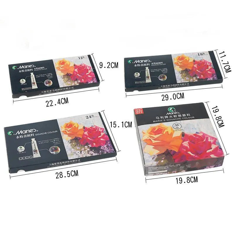 Gouache paint set boxes showing options for 12, 18, and 24 colours with paint tubes