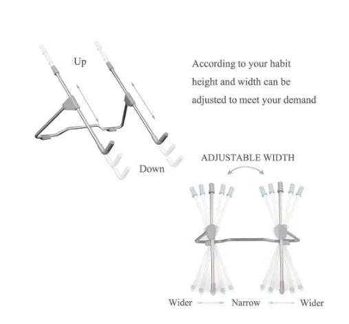Grey aluminium alloy and plastic folding stand holding a mobile phone and a small laptop.