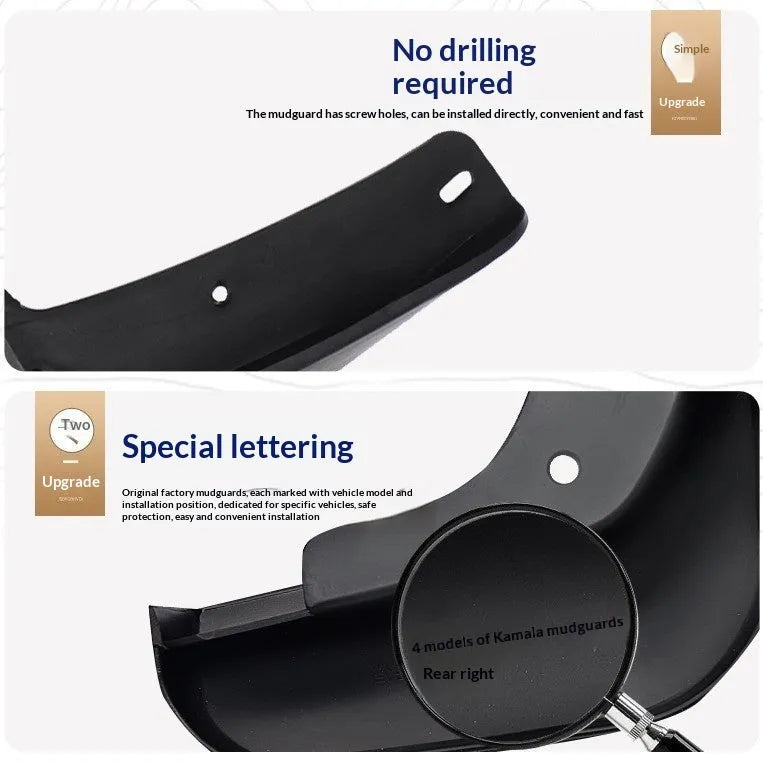 Black PP soft plastic rear mudguard set for Volkswagen Touareg, four pieces with screws and packaging box