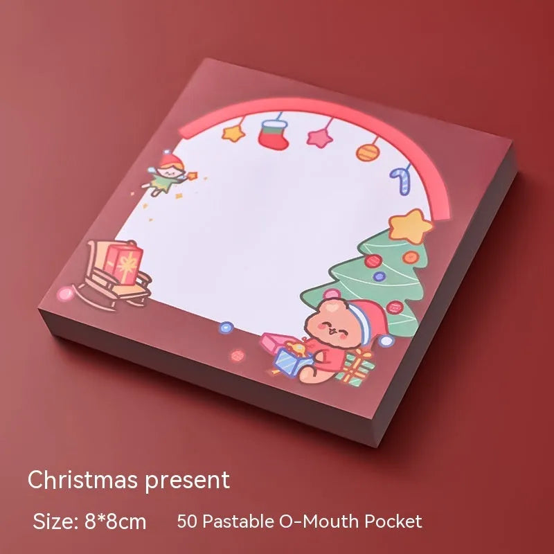 Christmas cartoon sticky notes showing elf, Santa, gift, sled, ball, house, bear, and snowman designs