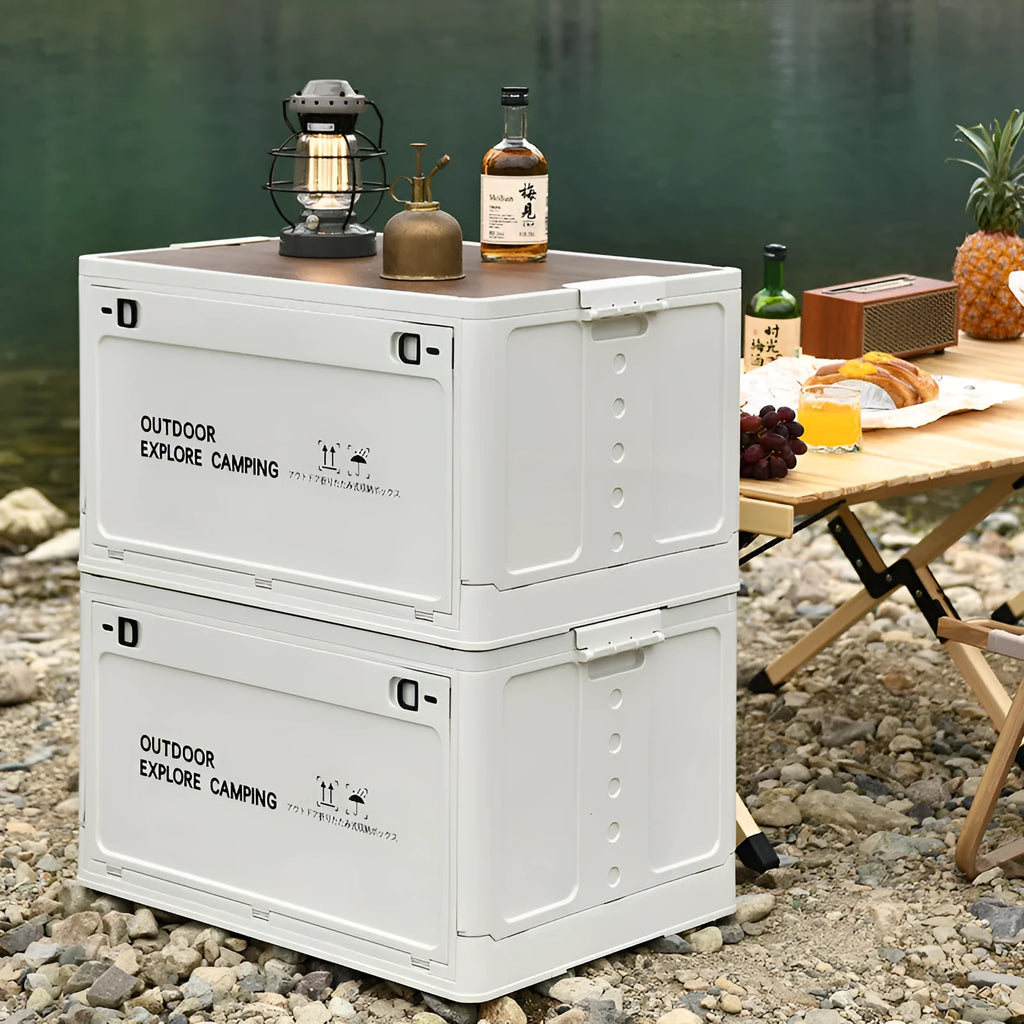 Large Nordic green foldable plastic storage box with wooden lid, showing 45L capacity.