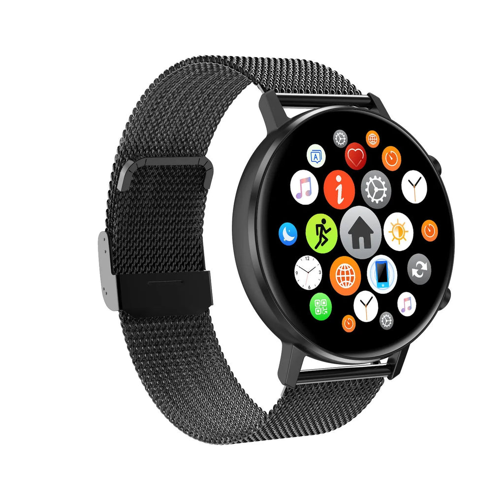 DT96 smart fitness tracker with stainless steel strap and 1.3-inch screen on a wrist