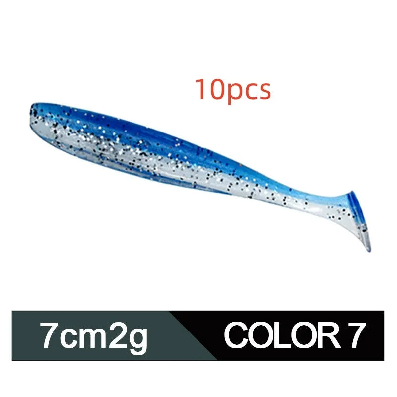 Soft plastic fishing lure with two-tone colouration and T tail, measuring 7cm