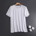 Men's solid colour ice silk short sleeve T-shirt with crew neck in loose mesh fabric.