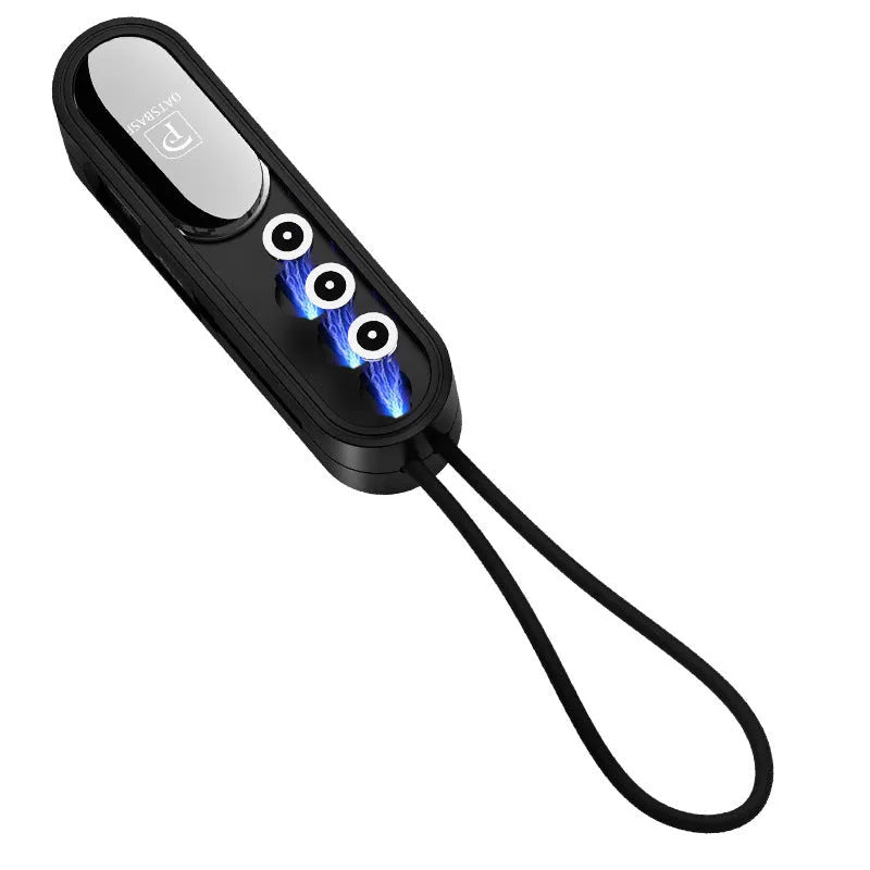 Black magnetic three-in-one charging cable with Lightning, USB-C, and Micro-USB connectors