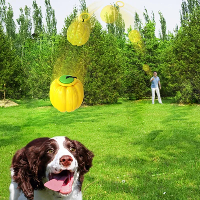 Green, orange, and yellow plastic pumpkin-shaped dog chew toy with squeaker for small dogs.