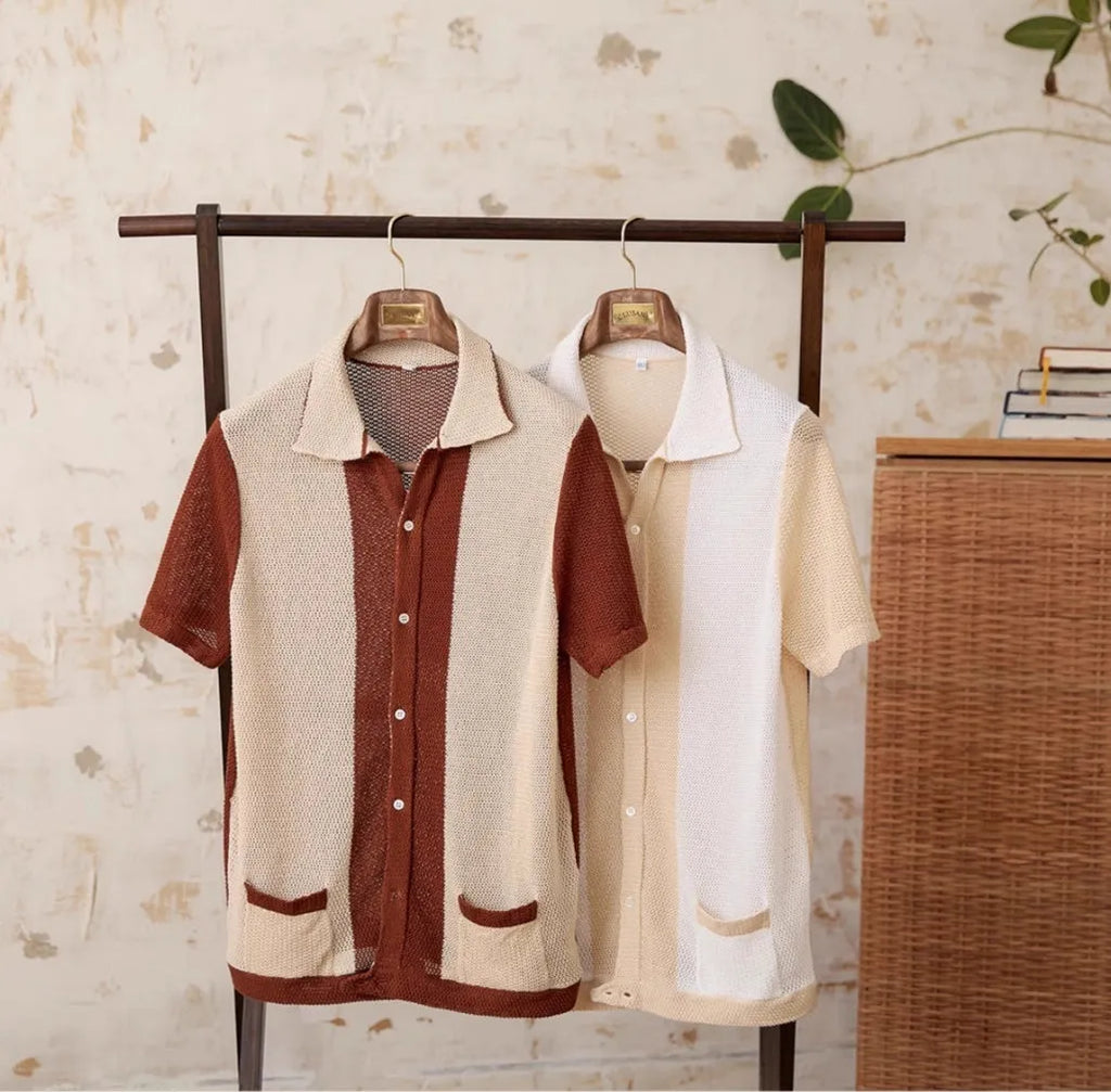 Women's beige lapel collar cardigan with short sleeves made from cotton linen blend fabric