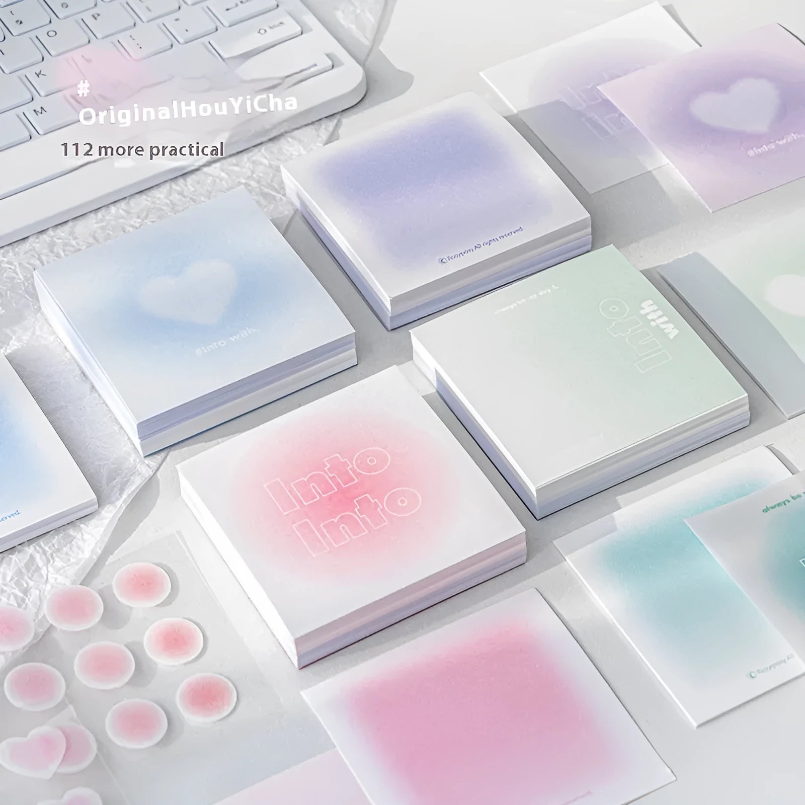 70mm square gradient parchment inner multifunctional notepad in blush, green, purple, or blue with sticky notes, notepaper, and stickers
