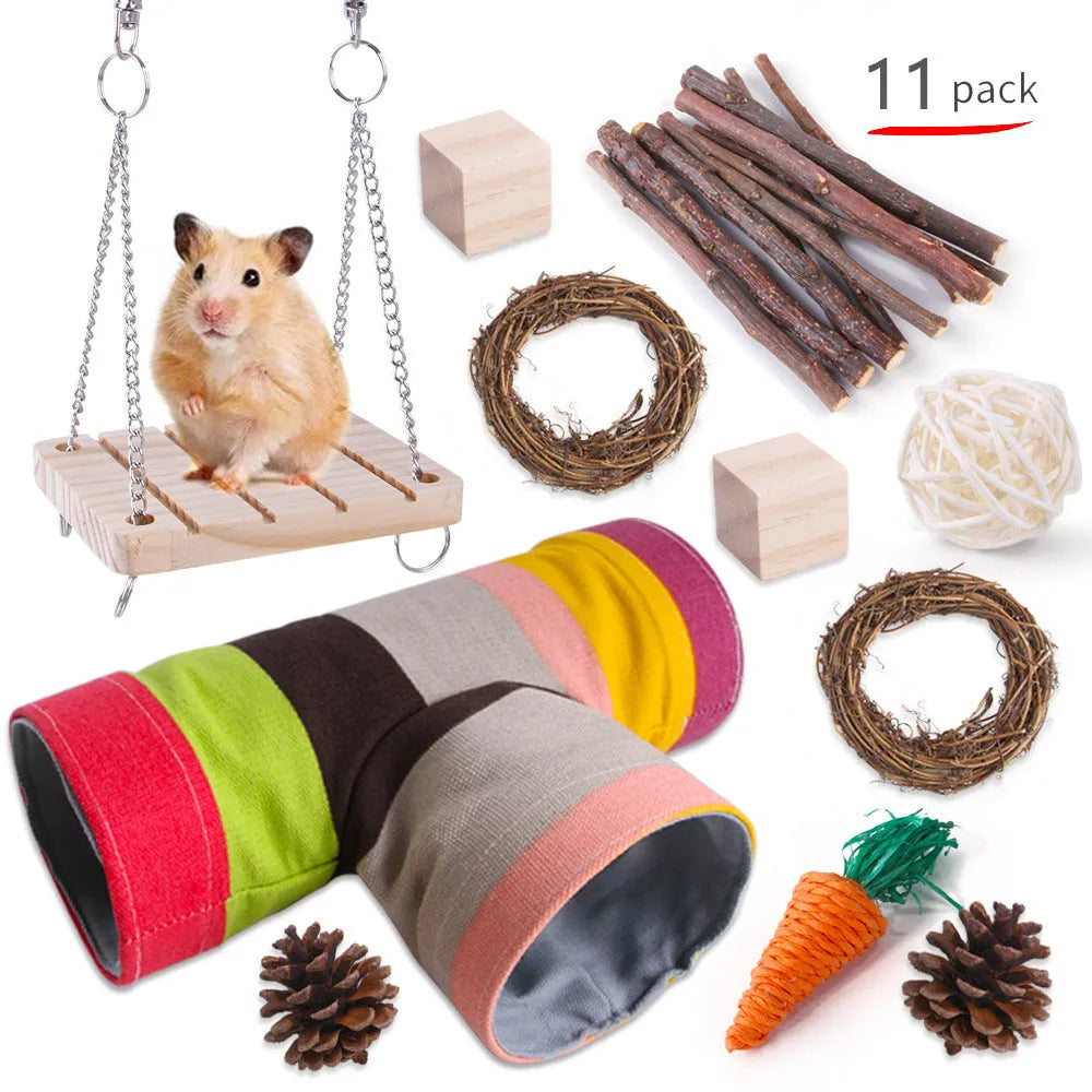 Wooden chew toy set for small pets with natural fibre components including straw and hyacinth balls