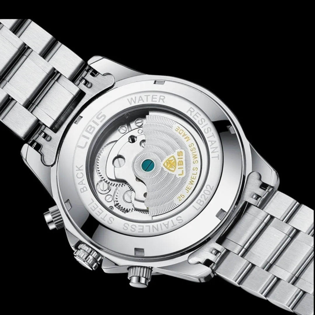 Silver automatic perpetual calendar mechanical watch with stainless steel strap and sapphire crystal.