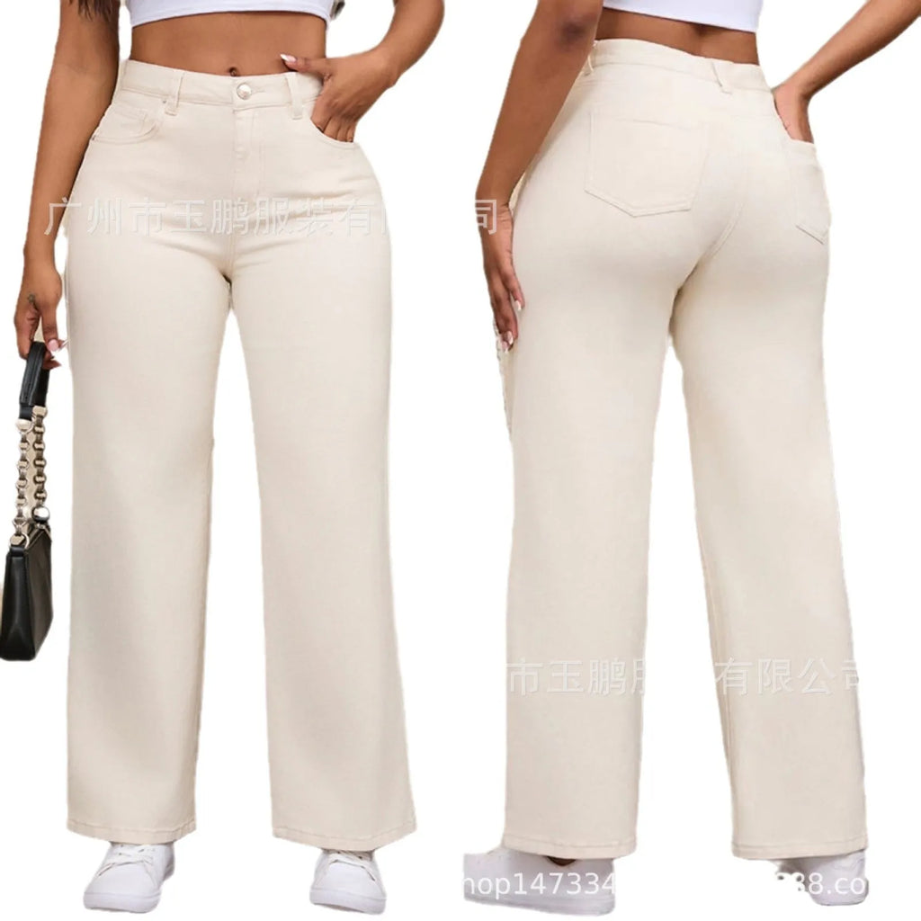 Women's high waist wide leg straight jeans in apricot colour made from high elasticity cotton fabric