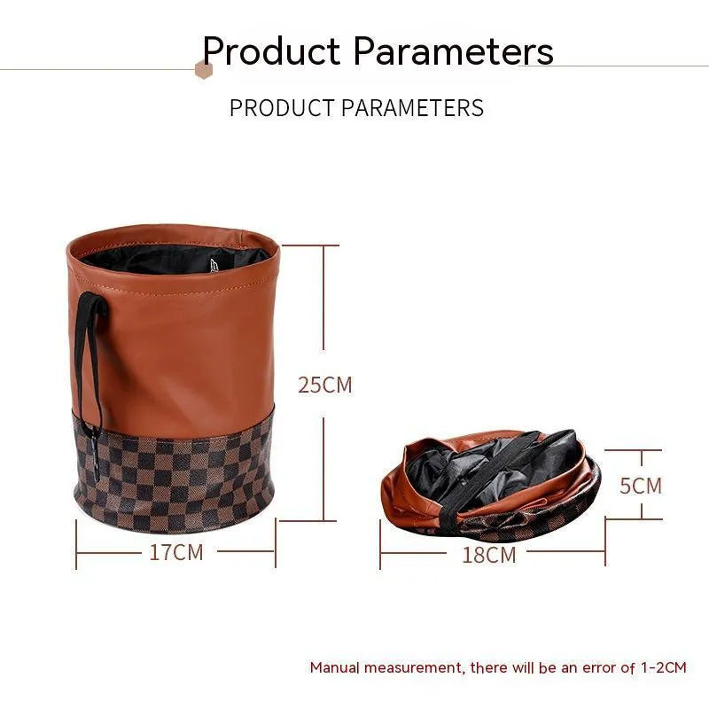 Leather retractable folding car trash can with handle shown in vehicle interior