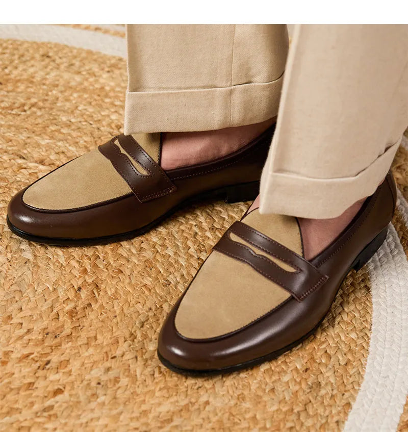 Coffee-grey suede leather men's loafers with a rubber sole and slip-on design