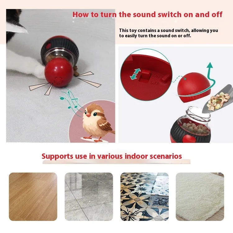 Rotating plastic cat toy with food dropping ball and sound elements in super ball colour