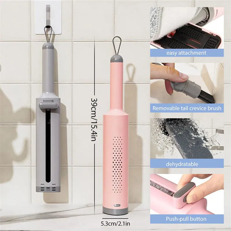 Rotatable self-squeeze mini mop with reusable microfiber pads and crevice brush for wet dry floor cleaning