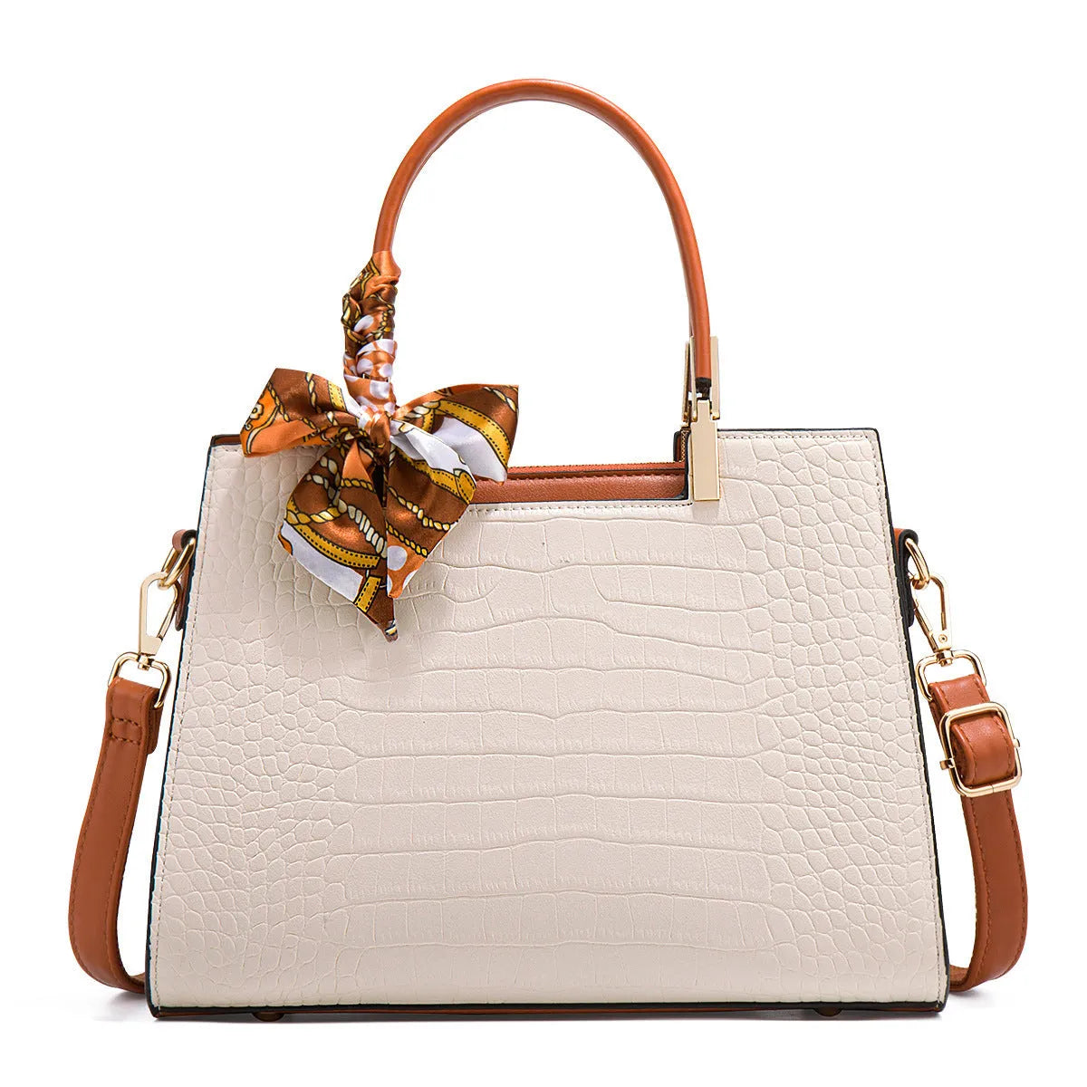 Milky white women's large-capacity PU shoulder handbag with internal organisers and slit pocket.