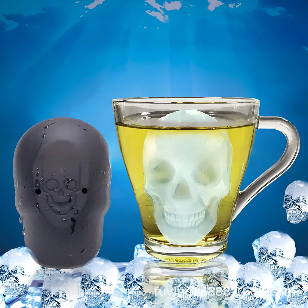 3D Halloween skull ice cube tray made from food-grade silicone, showing detailed skull cavities.