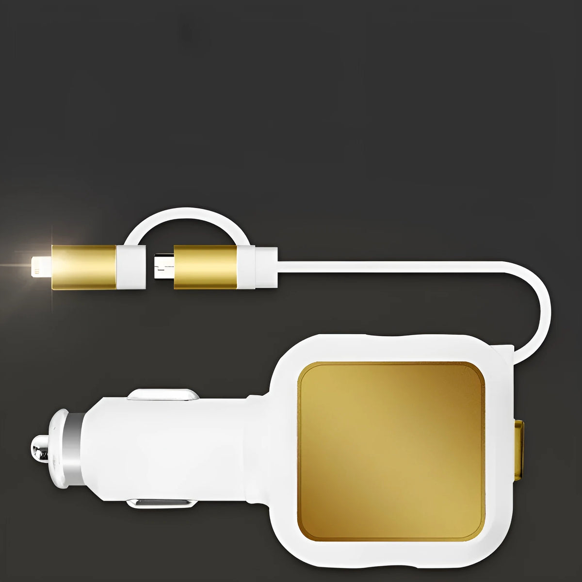 Black and gold dual USB car charger with retractable cable plugged into a car dashboard