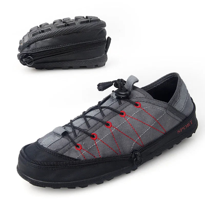 Orange foldable outdoor shoes with mesh upper and side zipper, shown next to a backpack.