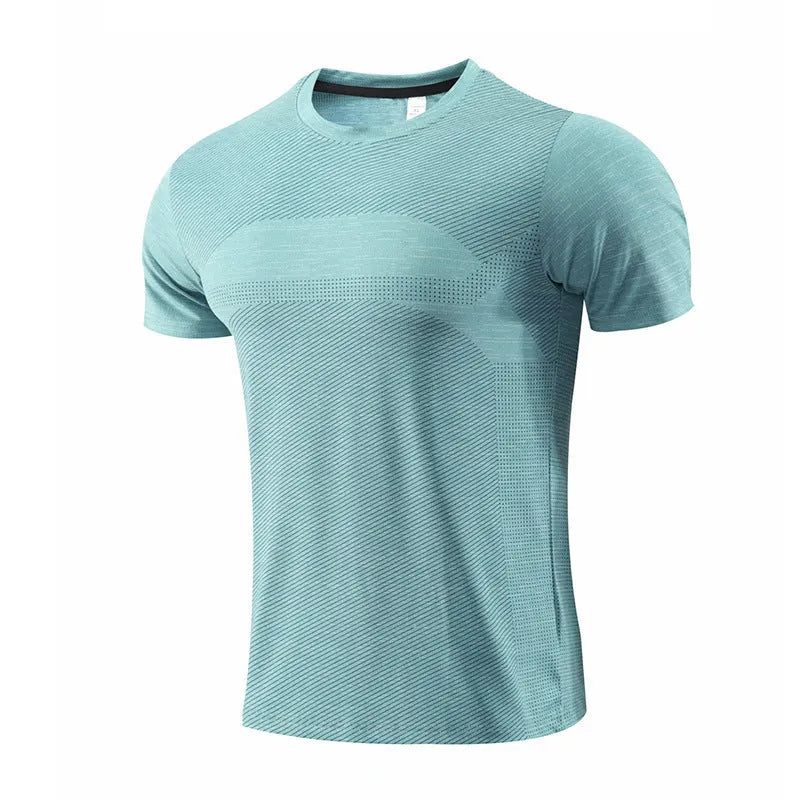 Men's short-sleeved athletic t-shirt for basketball and running in polyester spandex fabric.