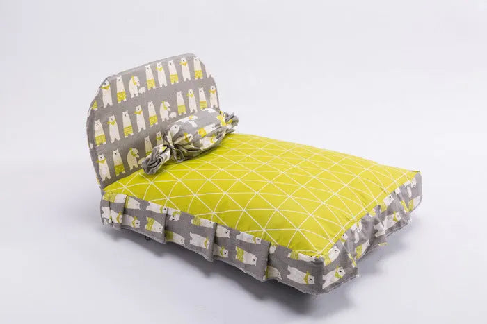 Cotton cloth pet house puppy bed with candy shape pillow, removable washable cover, available in S M L and grey orange yellow